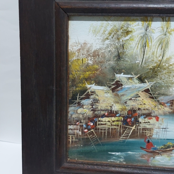Unsigned Thailand Southeast Asia Canal Oil Painting Framed Vintage Village Scene - Picture 3 of 4